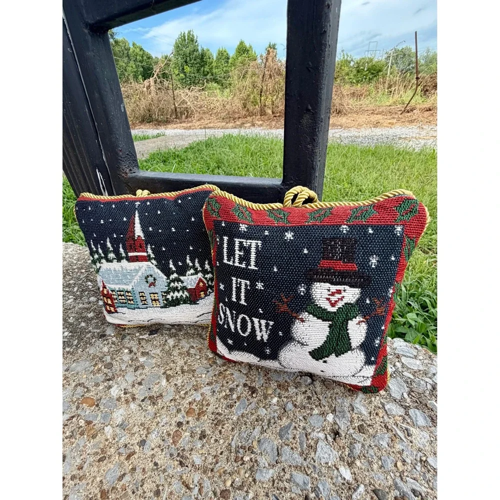 Vintage Christmas Needlepoint Pillow‎ Doorhangers Set of 2 Snowman Church Winter